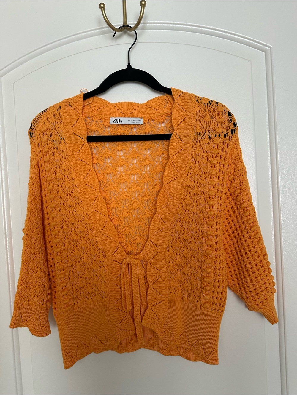 Zara Bright Orange Open-Knit Tie-Front Cardigan